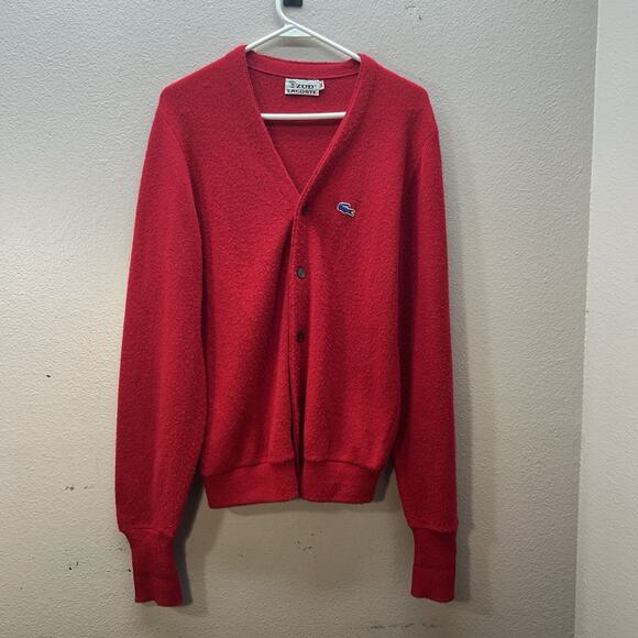 Vintage IZOD LACOSTE Red Knit Cardigan 70s 80s RARE BLUE CROC Sz M Button Men’s - Picture 1 of 5